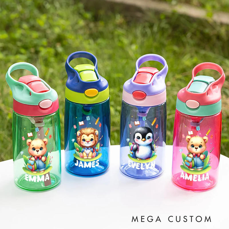 Personalized Cartoon Bear Lion Animals Name 16 oz Water Bottle with Straw and Handle Outdoor Supplies Back to School Birthday Gift for Boys Girls