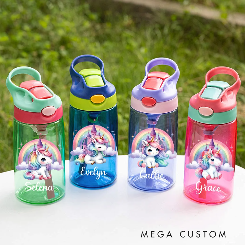 Personalized Rainbow Castle Fantasy Unicorn Design 16 oz Kid Water Bottle with Straw and Name Birthday Christmas Back to School Gift