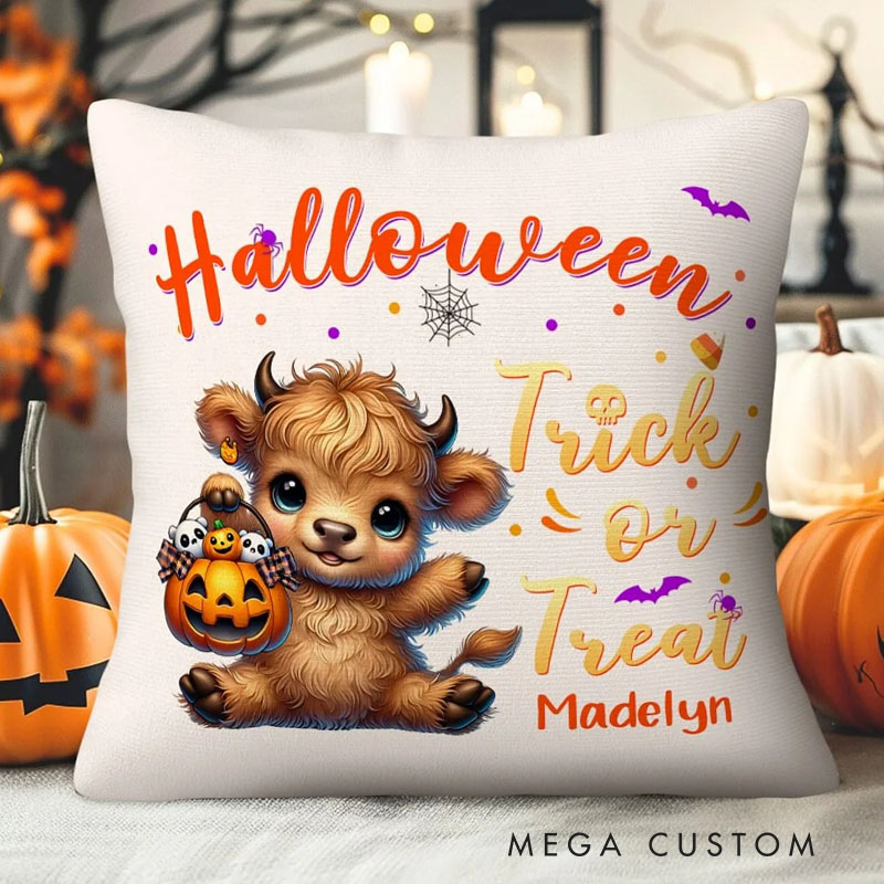 Personalized Pumpkins Highland Cow Soft Throw Pillow Cover with Name Home Decor Halloween Housewarming Gift for Family Friend