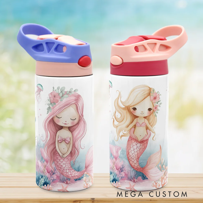 Personalized Pink Mermaid 12oz Insulated Kid Water Bottle with Name and Silicone Straw Back to School Birthday Gift