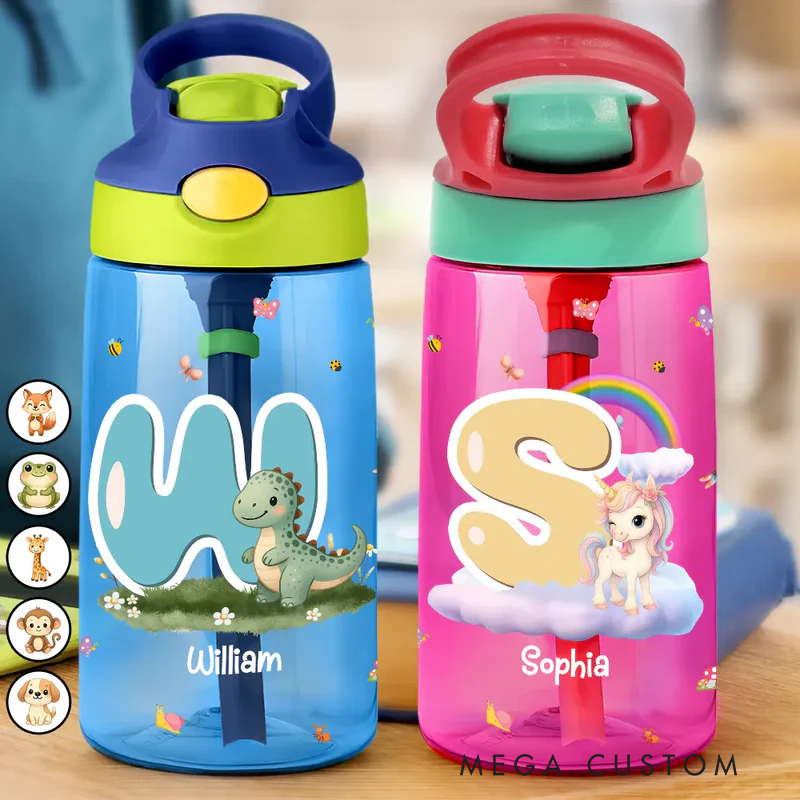 Personalized Cute Animals with Letters Kids Water Bottle with Straw