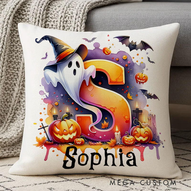 Personalized Ghost Pumpkin Initial Jute Pillow with Name Trick or Treat Activity Halloween Gift for Boys Girls