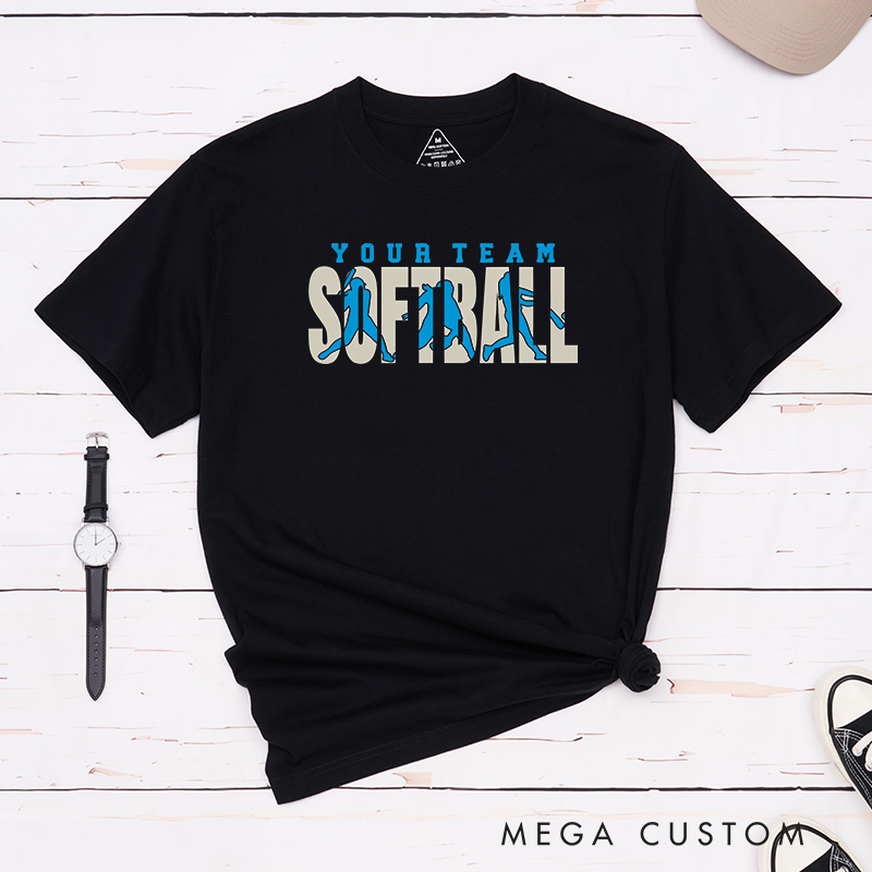 Personalized Softball Team T-Shirt Design Featuring Bold Text Custom Team Name and Dynamic Player Silhouette Graphics