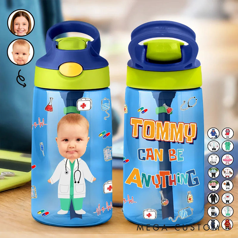 Personalized Photo Face Kids Water Bottle with Custom Character Outfits for Fun and Unique Hydration Experience