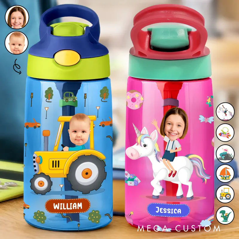 Personalized Adventure Kids Water Bottle with Custom Photo Face and Name for Fun Hydration