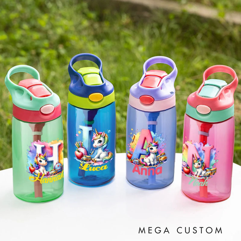 Personalized Watercolor Fantasy Unicorn Initial Apple 16 oz Water Bottle with Name Outdoor Supplies Back to School Birthday Gift for Kids