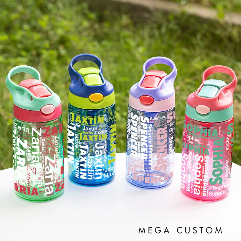 Personalized Name Word Cloud 16 oz Kid Water Bottle with Silicone Straw and Handle Back to School Birthday Holiday Gift for Boys Girls