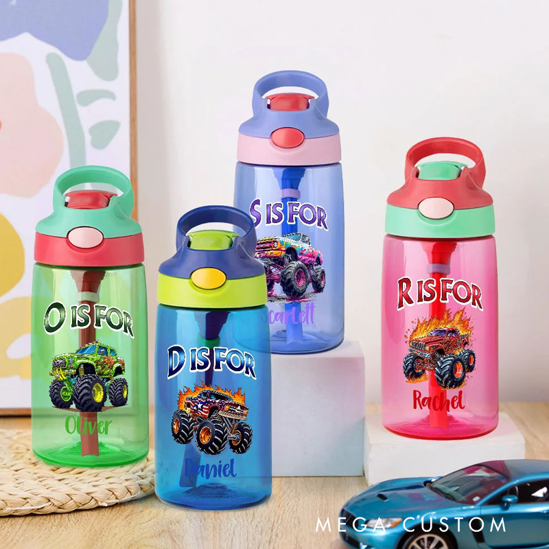 Personalized Extreme Stunt Truck 16 oz Kid Water Bottle with Straw Initial and Name Birthday Back to School Gift for Boys Girls