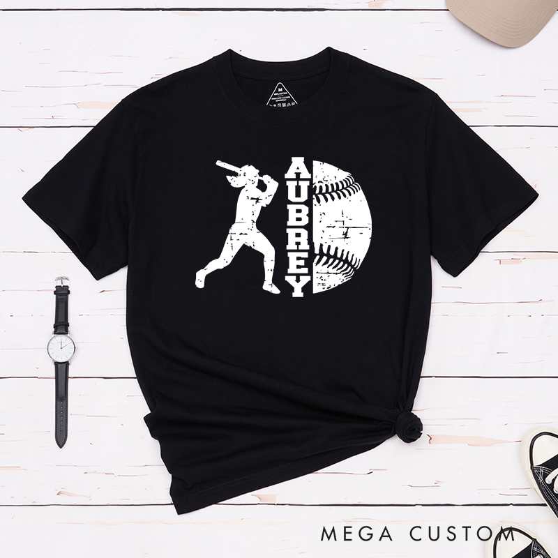 Personalized Softball Player T-Shirt Design Featuring Batter Silhouette Distressed Softball Graphic and Customizable Name Text