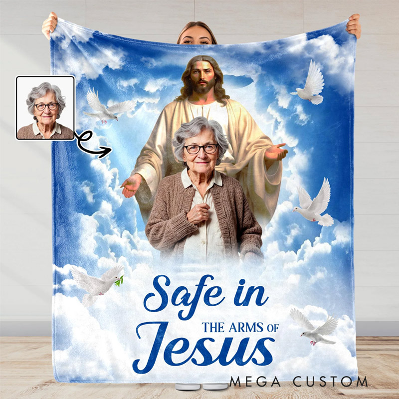 Personalized Photo Memorial Blanket Safe in the Arms of Jesus Flannel Blanket Sympathy Gift for Loss of Loved One