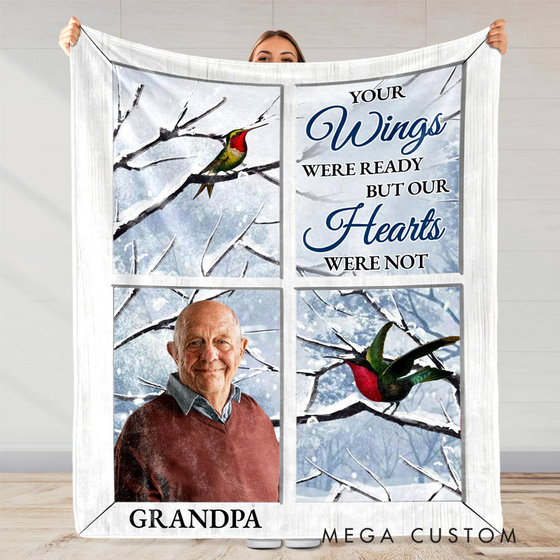 Personalized Photo Memorial Blanket Your Wings Were Ready But Our Hearts Were Not Flannel Blanket Sympathy Gift for Loss of Loved One