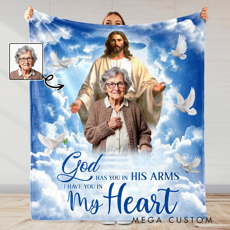 Personalized Photo Memorial Blanket God Has You in His Arms I Have You in My Heart Blanket Sympathy Gift for Family and Religious Individuals