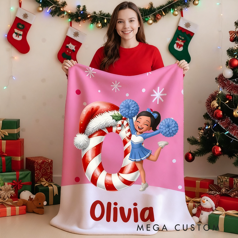 Personalized Cheerleader Christmas Blanket with Custom Name and Initial Design