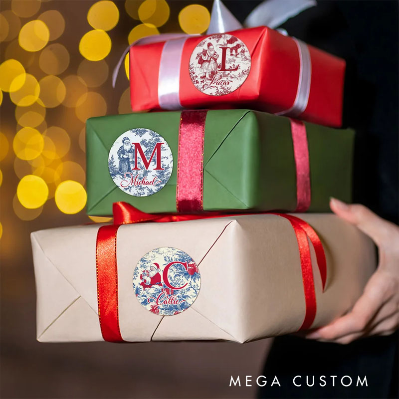 Personalized Toile De Jouy Style Santa Claus Waterproof Stickers with Name and Initial Christmas Festival Party Gift for Family Friends