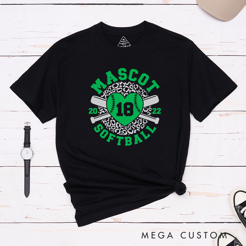Personalized Softball Team T-Shirt Design Featuring Customizable Team Name Leopard Print Heart-Shaped Softball Graphic Crossed Bats and Player Number