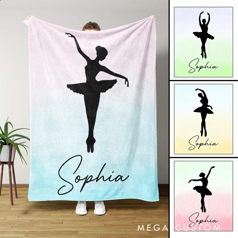 Personalized Elegant Ballerina Silhouette Blanket Flannel Blanket Ballet Lover Blanket with Name for Dance Lovers Dancer