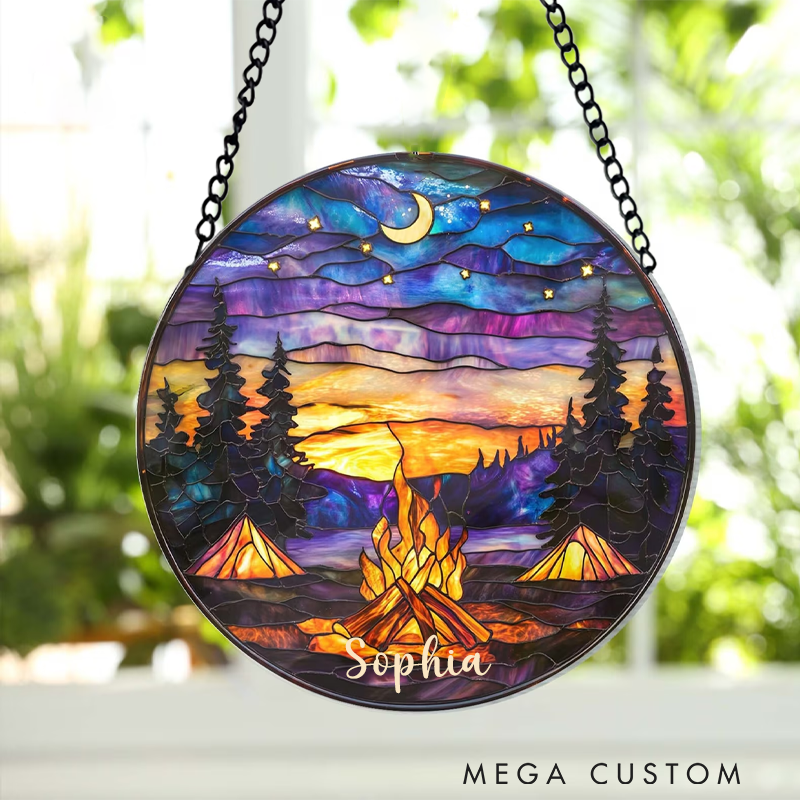 Personalize Campfire Night Stained Glass Suncatcher Gift for Camping Outdoor Adventure and Nature Lover