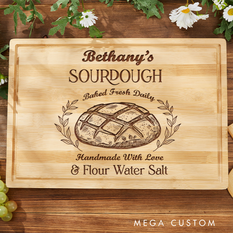 Personalized Sourdough Cutting Board Baked Fresh Daily Board with Name Engraved Wooden Bread Serving Board Cutting for Baking Lover Gift