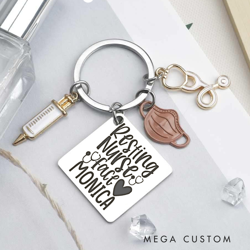 Personalized Resting Nurse Face Keychain Custom Stainless Steel Keychain Graduation Thank You Gifts