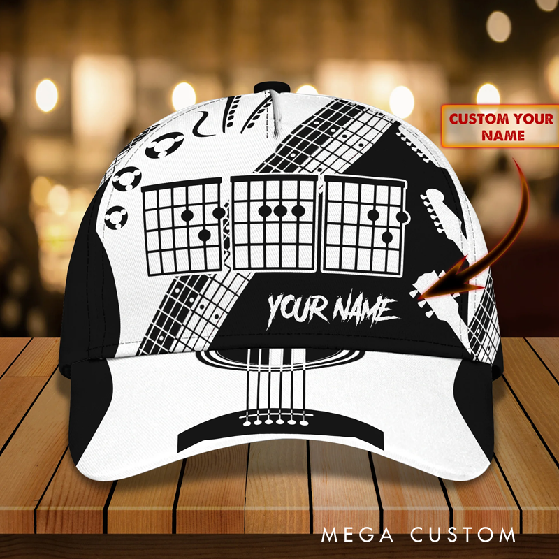 Personalized White and Black Guitar Cap Hat for Music Lover and Guitar Lover Guitar Lover 3D Full Print Cap