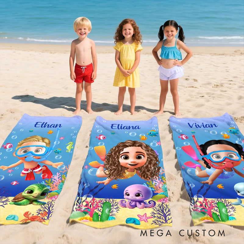 Personalized Cute 3D Diving Kid Sea Animal Quick Dry Soft Oversized Beach Towel with Name Summer Vacation Beach Party Birthday Gift for Boys Girls