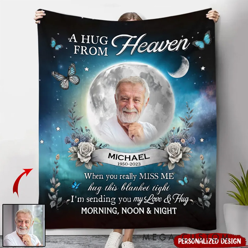 Personalized A Hug From Heaven Photo Memorial Blanket Custom Photo Flannel Blanket Sympathy Gift for Loss of Loved One