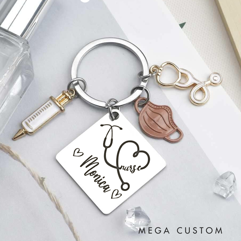 Personalized Nurse Keychain with Stethoscop Custom Stainless Steel Keychain Graduation Thank You Gifts