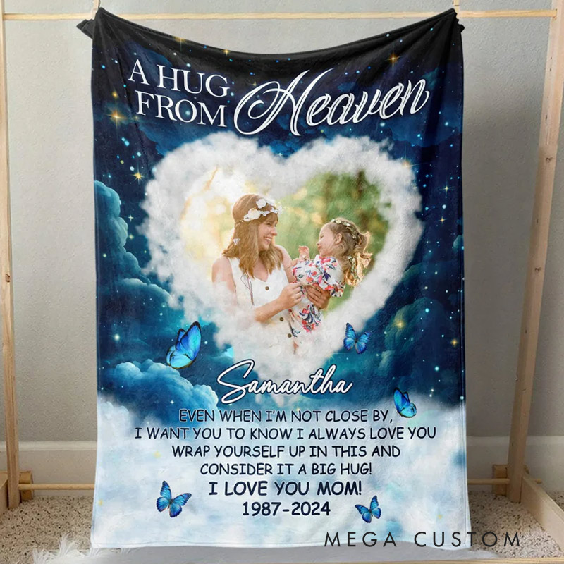Personalized A Hug From Heaven Photo Memorial Blanket Custom Photo Flannel Blanket Sympathy Gift for Family Members