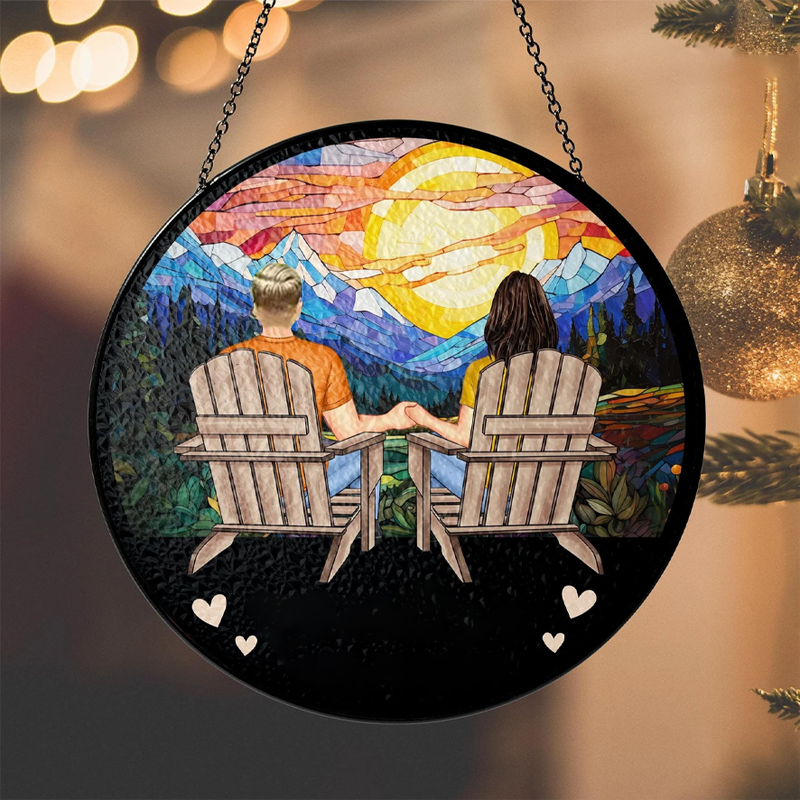 Personalized Couple Window Hanging Suncatcher Stained Glass Custom Couple Outdoor Adventure Gift Anniversary Gift