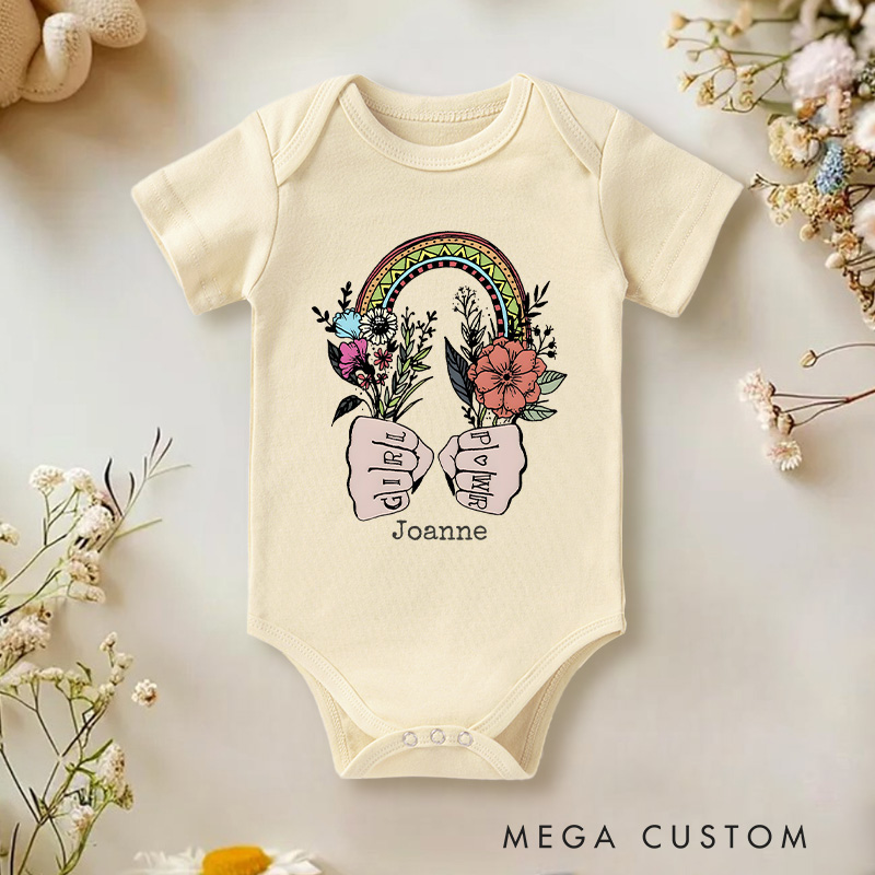 Personalized Girl Power Feminist Rainbow and Fists Baby Onesie Funny Baby Gift