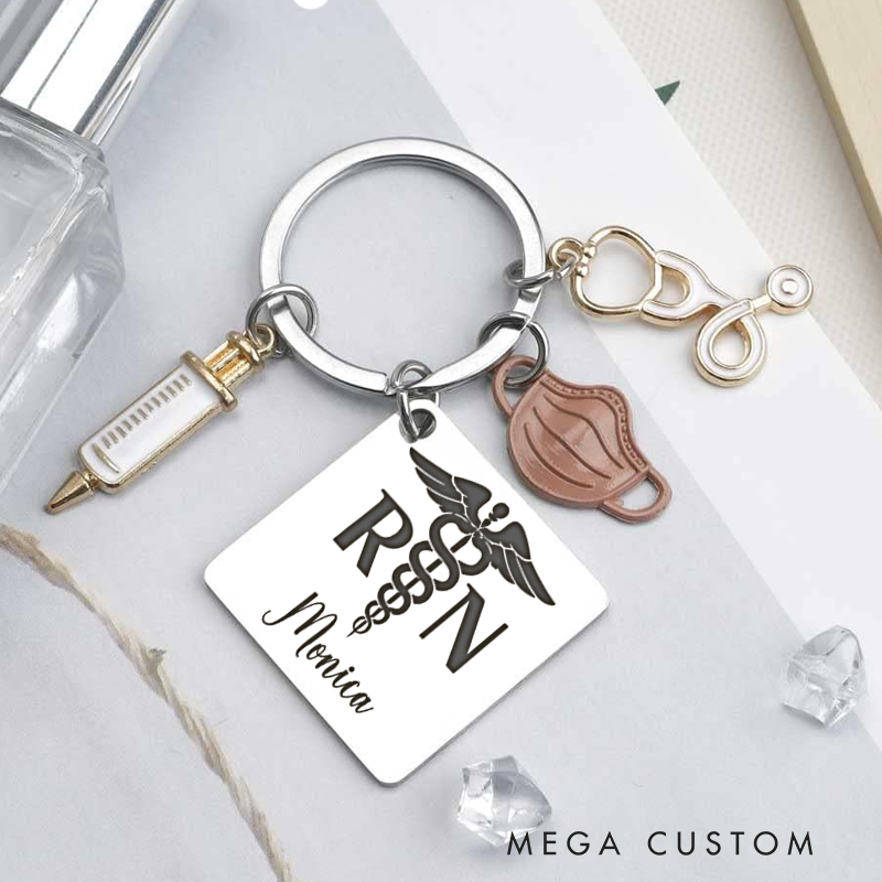 Personalized RN Design with Caduceus Keychain Custom Stainless Steel Keychain Graduation Thank You Gifts