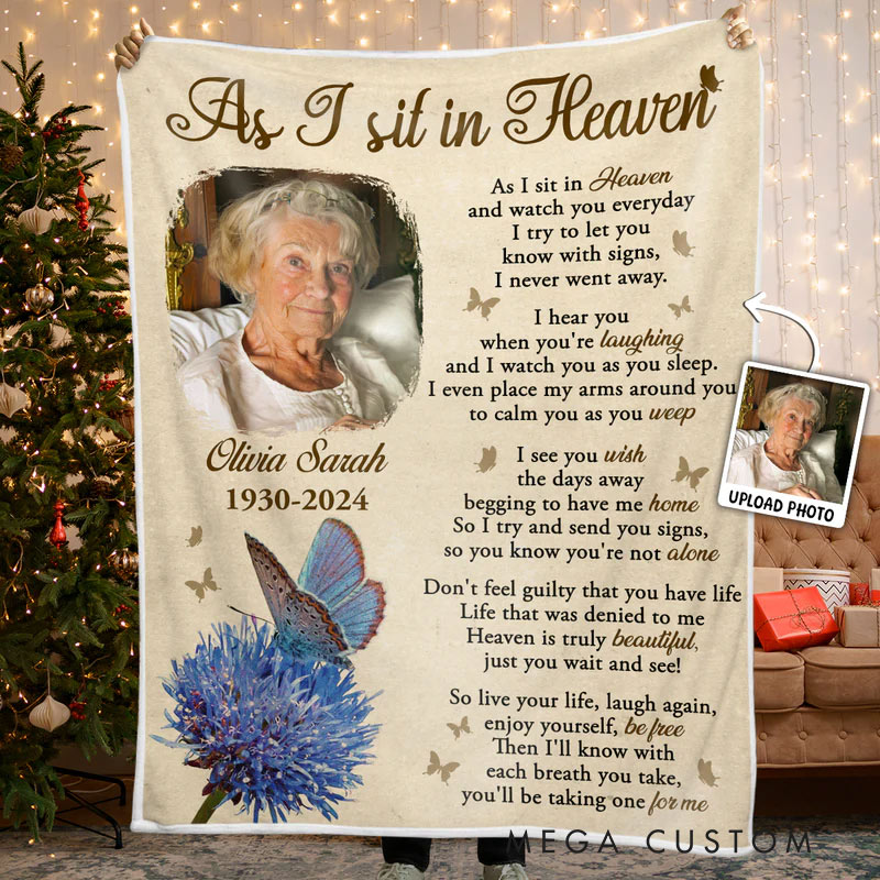 Personalized As I Sit In Heaven Photo Blanket Custom Photo Memorial Throw Blanket Sympathy Gift for Loss of Loved One