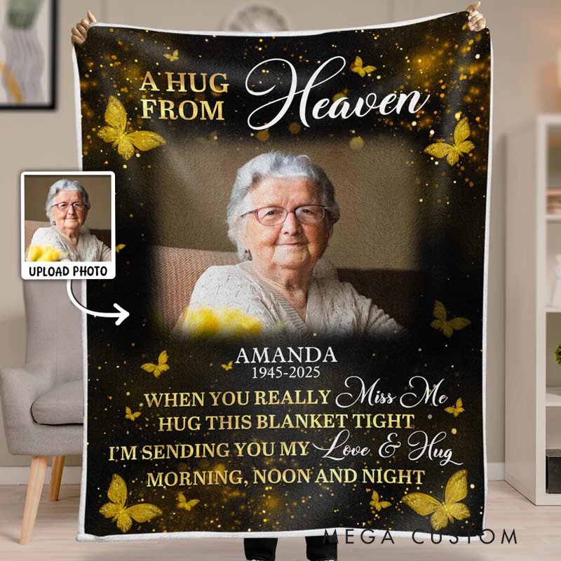 Personalized Golden Butterflies A Hug From Heaven Photo Blanket Custom Memorial Throw Blanket Sympathy Gift for Loss of Loved One