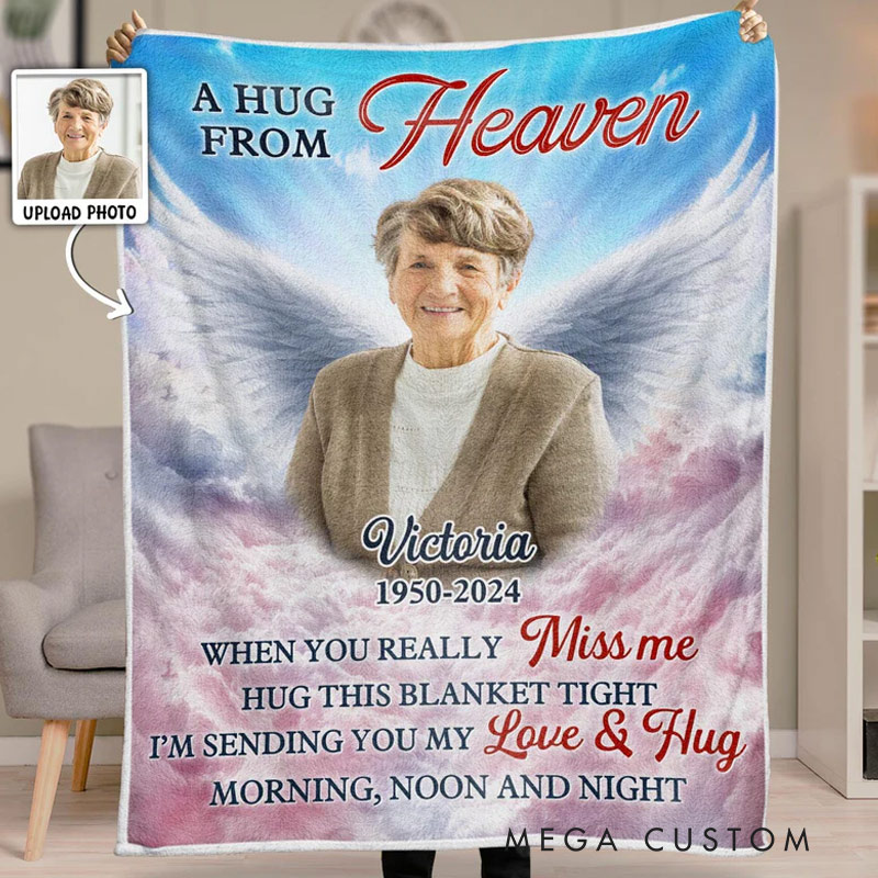 Personalized Angel Wings A Hug From Heaven Photo Blanket Custom Memorial Throw Blanket Sympathy Gift for Loss of Loved One