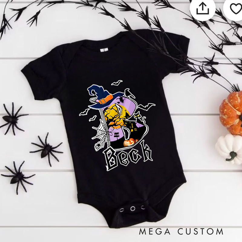 Personalized Halloween Witch Baby Bodysuit with Initial Letter and Spooky Elements Featuring Name for Festive Fun