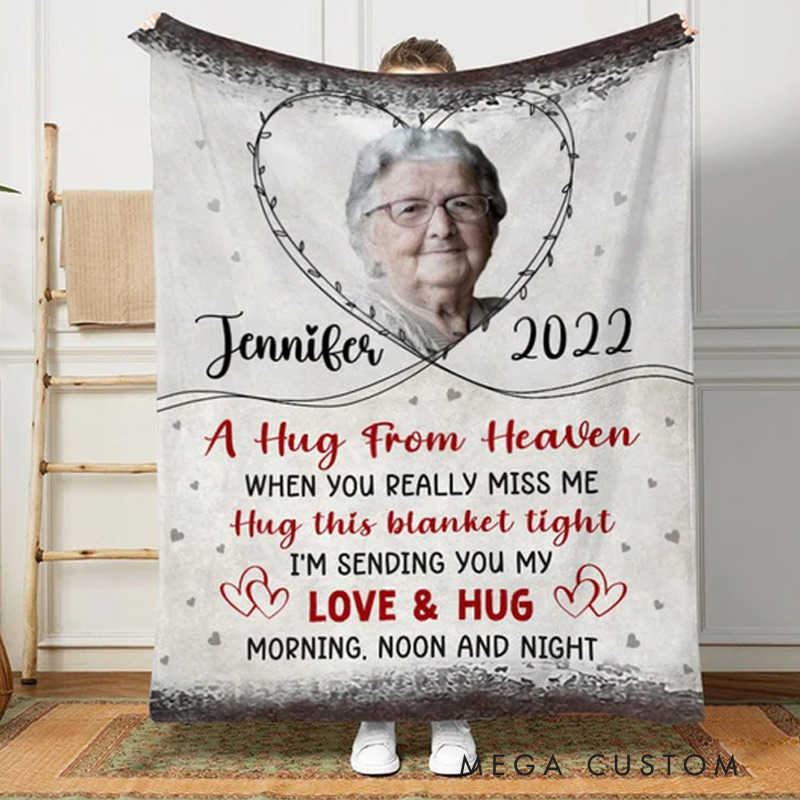 Personalized A Hug From Heaven Photo Blanket Christmas Gift Custom Memorial Throw Blanket Sympathy Gift for Loss of Loved One