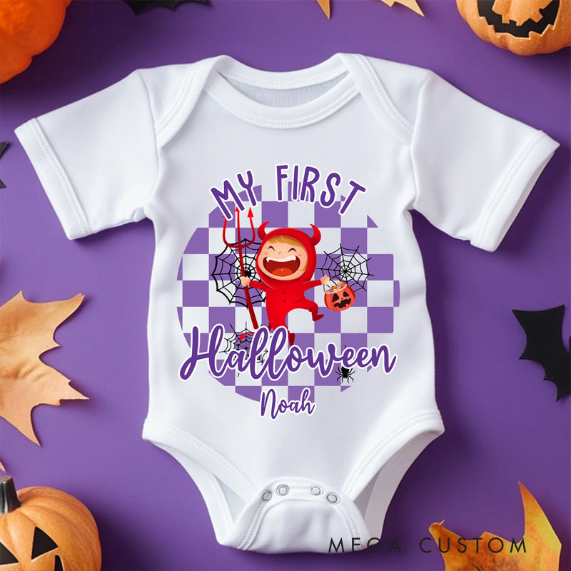 Personalized My First Halloween Baby Bodysuit with Cute Monster and Checkered Background Featuring Name