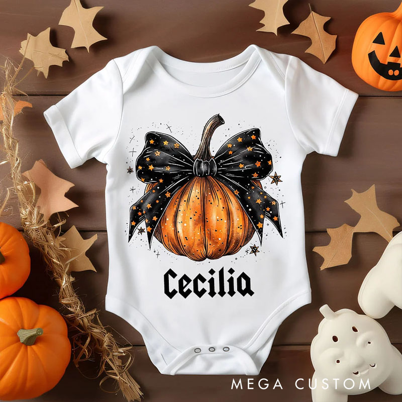 Personalized Pumpkin Bow Design 100% Cotton Baby Bodysuit with Name Halloween Baby Shower Gift for Baby Newborn