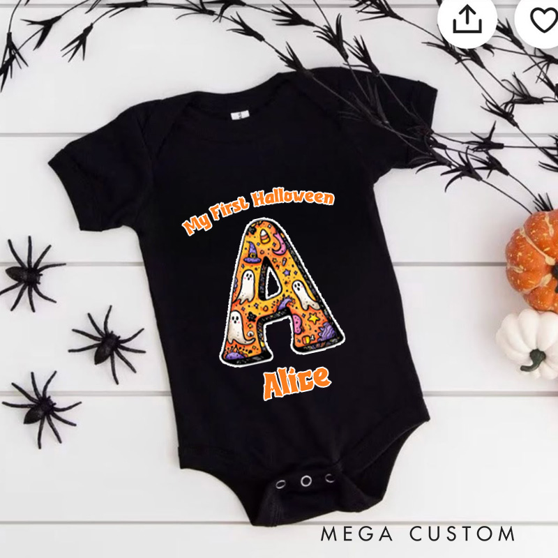 Personalized Baby's Halloween Baby Bodysuit with Initial Letter and Ghosts Design Featuring Name for Festive Charm
