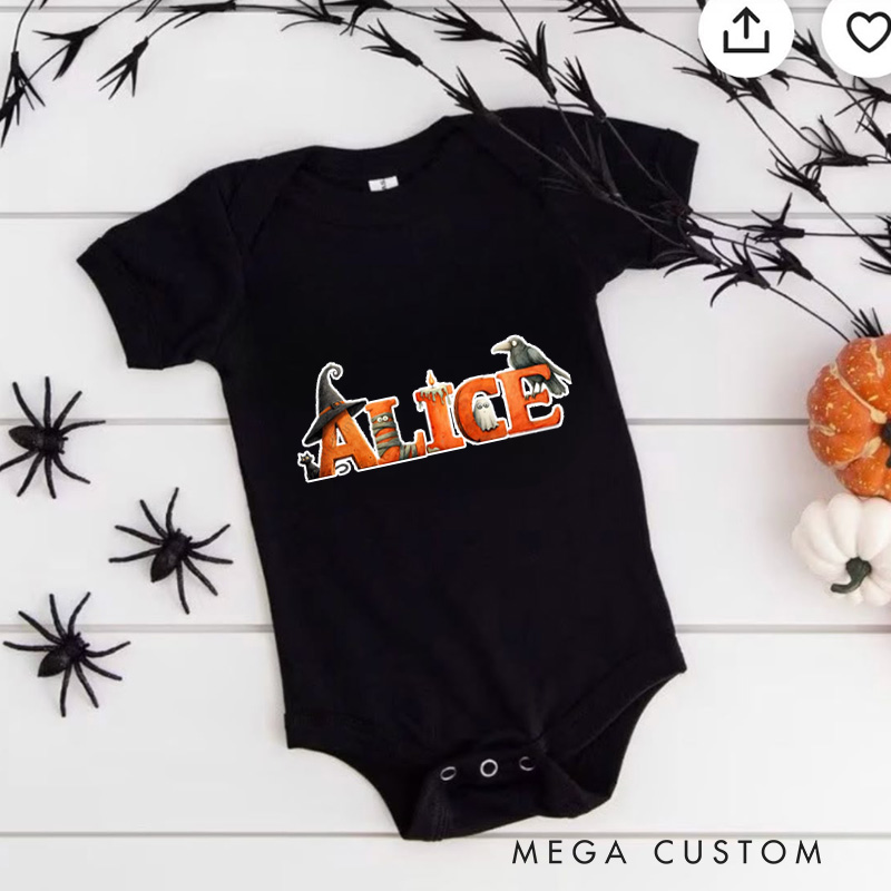 Personalized Halloween Name Baby Bodysuit with Witch Hat and Crow Accents for a Spooky and Fun Celebration