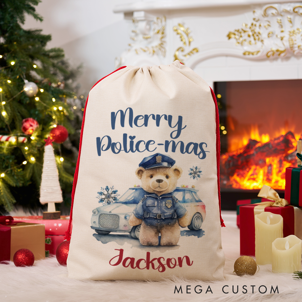 Personalized Police Christmas Gift Bag Custom Merry Police-mas Santa Sack for Kids and Law Enforcement Families