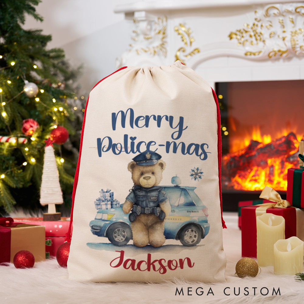 Personalized Police Christmas Gift Bags Set Custom Merry Police-mas Santa Sacks for Kids and Families