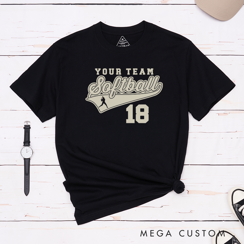 Personalized Softball Team T-Shirt Design Featuring Customizable Team Name Bold Script Softball Text Dynamic Swoosh Element Player Silhouette and Custom Number