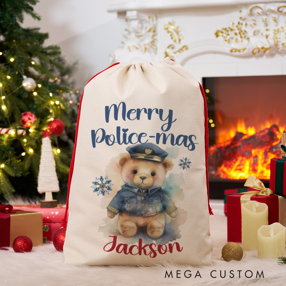 Personalized Merry Police-mas Gift Bag Custom Police Christmas Santa Sack for Kids and Families