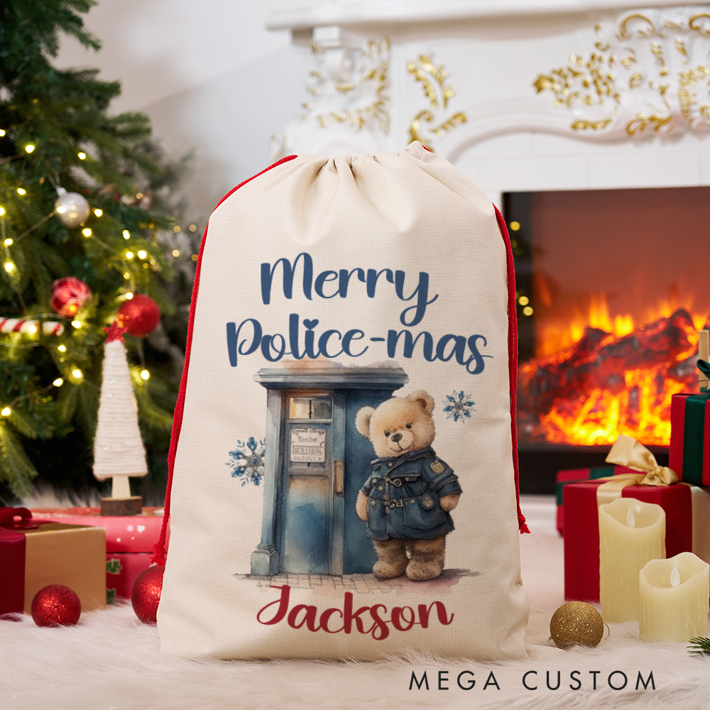 Personalized Merry Police-mas Gift Bags Set Custom Police Christmas Santa Sacks with Teddy Bear Design Gift for Police