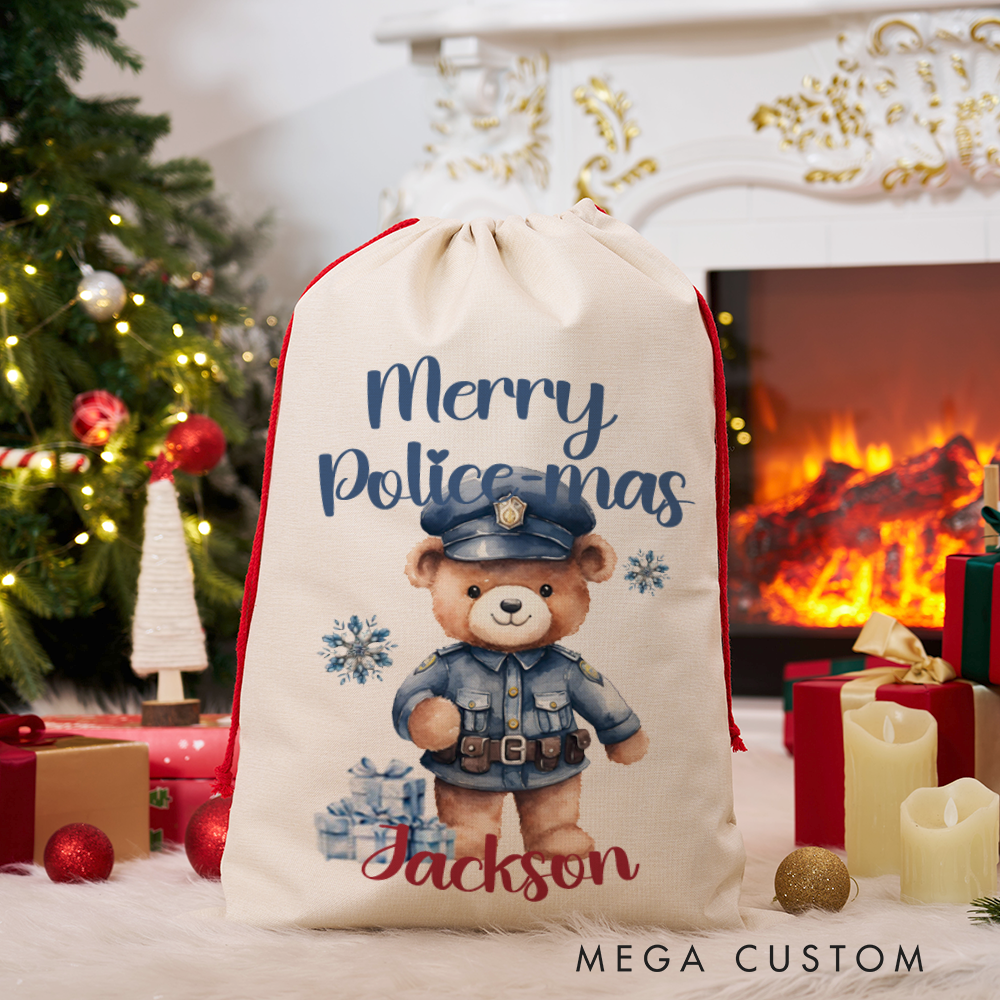 Personalized Merry Police-mas Gift Bag Custom Police Christmas Santa Sack Officer Teddy Bear Design Gift for Police