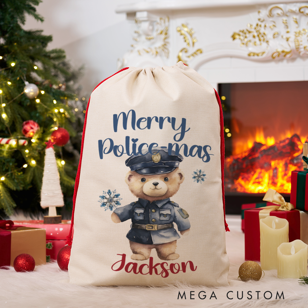 Personalized Merry Police-mas Gift Bag Custom Police Christmas Santa Sack with Officer Teddy Bear Design Gift for Police