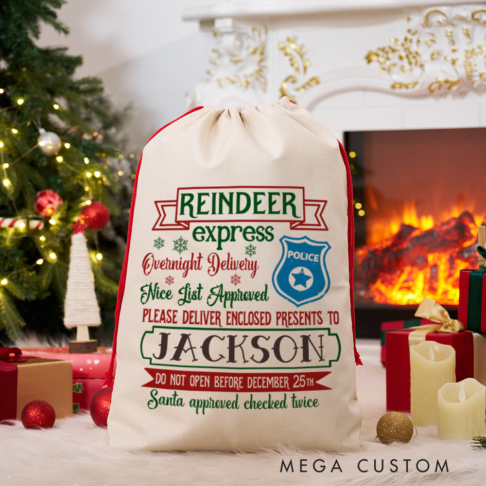 Personalized Reindeer Express Police Christmas Gift Bag Custom Santa Sack for Police Kids Families 