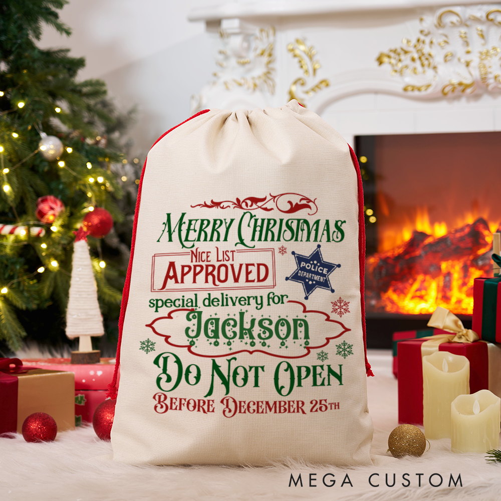 Personalized Merry Christmas Police Gift Bag Custom Santa Sack with Nice List Approval Design for Kids and Families