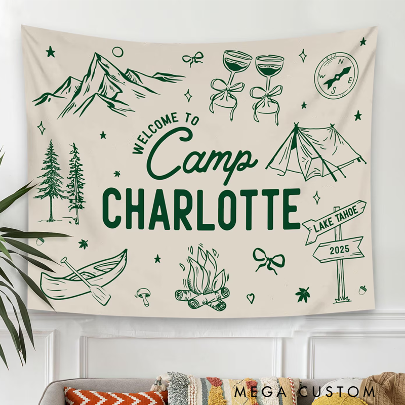 Personalized Camp Bachelorette Tapestry Custom Camp Bach Banner Lake Bach Camp Birthday Party Welcome Sign Outdoors Camping Bachelorette Gift